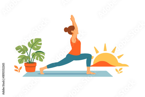 Doing yoga at sunrise with plants nearby and a warm sun in the background creates a lively scene of morning exercise and connection with nature