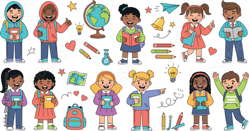 Diverse school kids character set with books, backpacks, classroom supplies, happy students, learning activities, and colorful education cartoon vector illustrations
