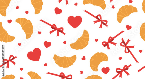 Adorable seamless pattern background featuring golden croissants, red hearts, and festive ribbons for Valentine's Day or bakery themes.