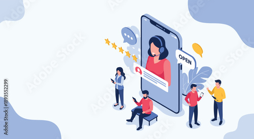 Conceptual illustration of isometric online customer support with a call center agent on a smartphone providing help to users.