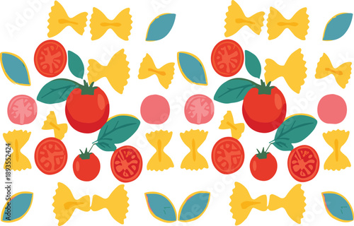 Seamless Italian food pattern vector background with tomatoes, pasta shapes and leaves for colorful cooking and kitchen design