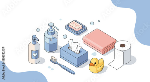 Isometric collection of personal hygiene and bathroom essentials including soap, toilet paper, tissues, and a toothbrush.