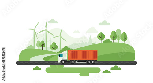 Eco-friendly transportation concept with a cargo truck driving on a road through a green landscape with renewable wind turbines.