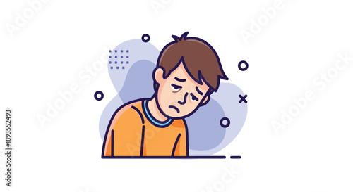 Cartoon illustration of a tired and exhausted young man with dark circles under his eyes, showing symptoms of fatigue or sadness.