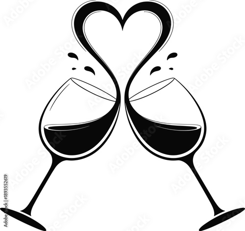 Two wine glasses clinking with liquid splashing to form a romantic heart shape vector icon.