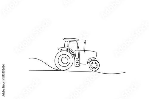 Continuous One Line Drawing of a Tractor Working in a Field at Sunrise
