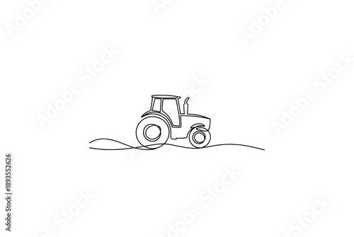 Continuous One Line Drawing of a Tractor Working in a Field at Sunrise
