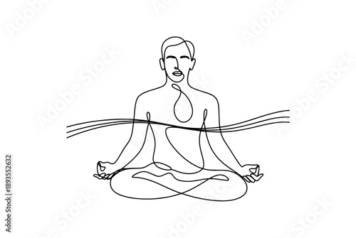 Woman sitting in lotus pose yoga. Continuous one line drawing.