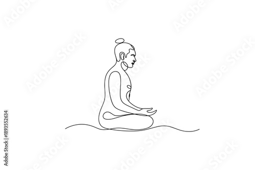 Woman sitting in lotus pose yoga. Continuous one line drawing.