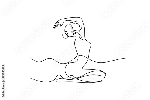 Woman sitting in lotus pose yoga. Continuous one line drawing.
