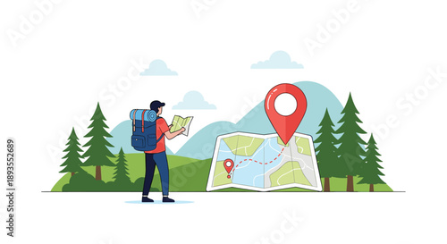 Hiker with a backpack standing in a forest and navigating with a paper map to find a location marked with a pin point.