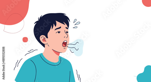 Young man experiencing shortness of breath, sweating and looking anxious, illustrating a symptom of asthma or panic attack.