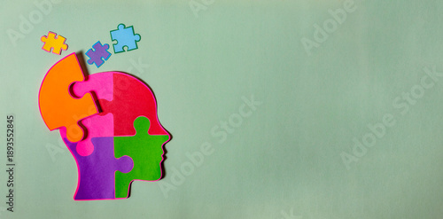 Panoramic Banner of Colorful Puzzle Head Silhouette for Mental Health and Education Copy Space