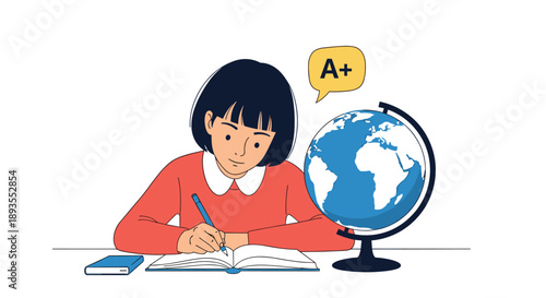 Smart student girl studying diligently at her desk with a globe, writing in a notebook and achieving an A-plus grade.