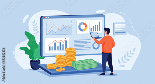 Businessman analyzing financial data on a dashboard with charts and graphs, managing investments, money, and stock market trends.