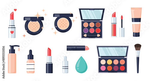 A large collection of various makeup and cosmetic products for beauty routines, including lipstick, eyeshadow, foundation, and brushes.
