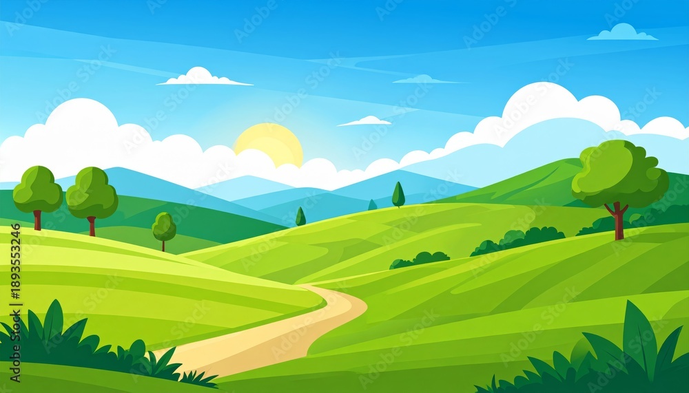 Obraz premium Vector illustration of a summer landscape featuring green grass meadows and rolling hills under a blue sky with clouds and distant mountains in a rural countryside scenery