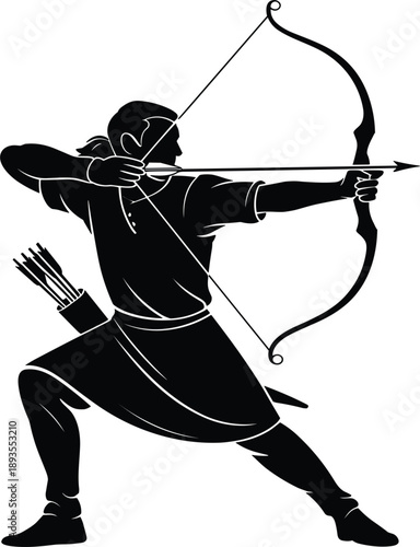 Powerful black silhouette of a medieval archer aiming a longbow and arrow on white background