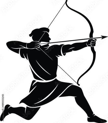 Black silhouette of a powerful medieval archer aiming a bow and arrow on white background