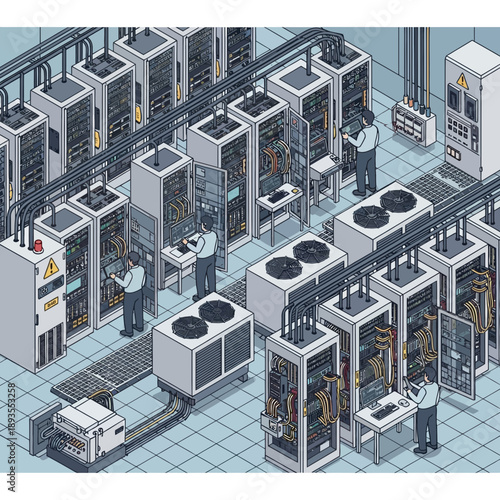 Modern data center server farm with rows of high-tech racks and blue lighting in futuristic facility