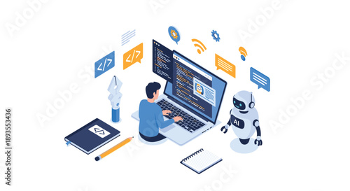 Isometric illustration of a software developer programming on a laptop with assistance from an AI robot, showing coding concepts.