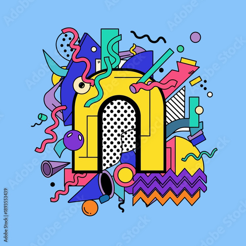 Retro Memphis Style Party Scene with Dancing Figures and Neon Colors Vector Illustration