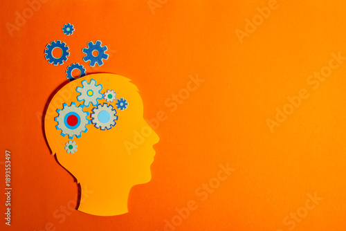 Panoramic Banner of Thinking Head with Gears and Copy Space for Education or Psychology