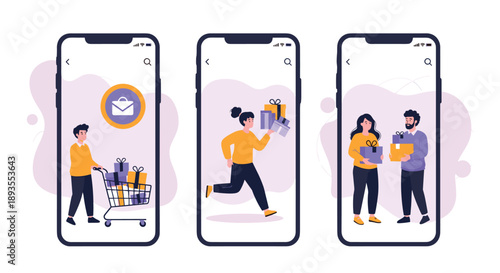 Three-step online shopping process shown on smartphone screens, from adding to cart to fast delivery and receiving the package.