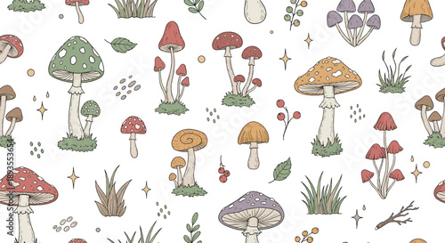 Hand drawn mushroom pattern with colorful toadstools, forest plants, leaves, berries, and whimsical autumn woodland elements in seamless vector style