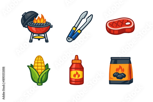 Grilling food at a barbecue with tools, meat, and condiments in a backyard setting during summer evening cookout