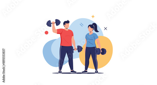 A fit man and woman exercising together with dumbbells, promoting a healthy lifestyle, fitness, and couples workout routines.