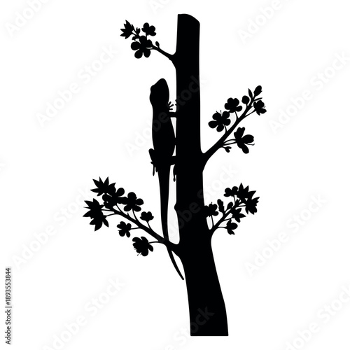 Black silhouette of a lizard climbing a flowering tree branch gecko desi
