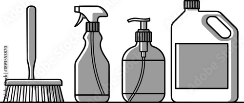 Household cleaning tools vector illustration with broom, spray bottle, soap dispenser, and detergent container in monochrome style