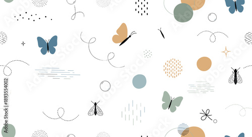 Minimal butterfly doodle pattern with abstract shapes, dotted lines, pastel circles, and modern whimsical insect elements in seamless vector style