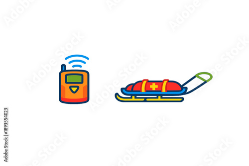 Rescue equipment displayed in a training setting showing a radio and a sled used for emergency situations in winter sports