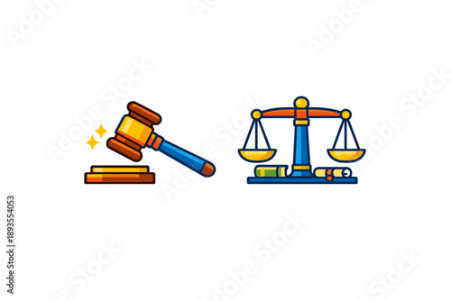 Gavel and scales of justice represent legal matters and court proceedings in clear visual form with bright colors and simple icons
