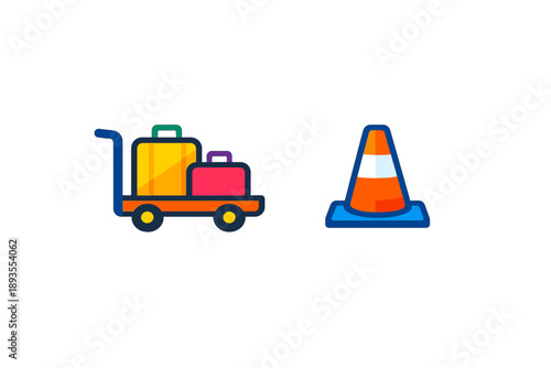 Luggage cart with bags next to a traffic cone at an airport terminal during the daytime in a busy travel season