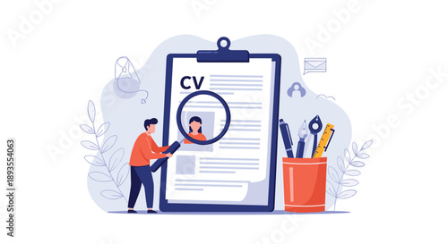 Human resources manager using a magnifying glass to review a job candidate's CV for recruitment and hiring purposes.