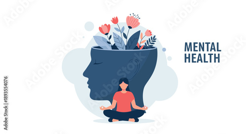 Mental health concept with a woman meditating peacefully, with flowers growing from a silhouette of a head symbolizing a healthy mind.