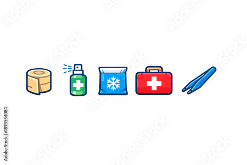 First aid supplies and tools are arranged in a line for emergency preparedness in a home setting during the daytime