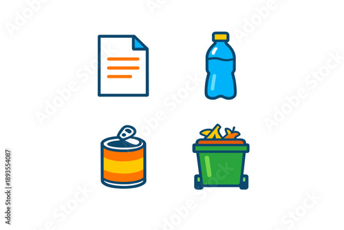 Collection of recyclable items and waste materials shown in four different graphics in a simple layout located on a white background