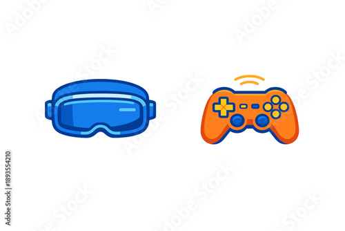 Virtual reality headset and gaming controller placed side by side on a plain background showing tools for interactive gaming experience