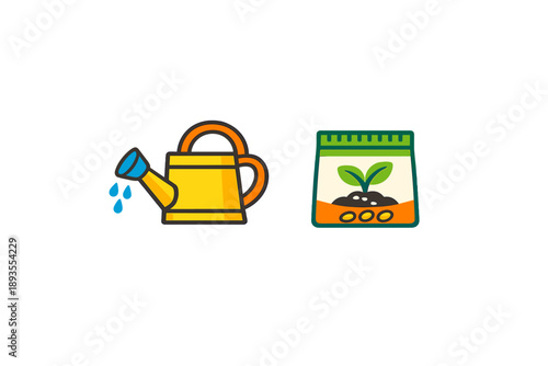 Gardening tools showing a watering can and a bag of soil with seeds for planting in a garden