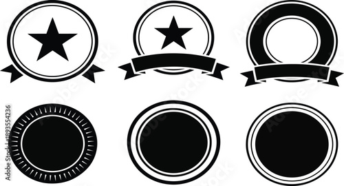 A collection of black and white award badges, stars, and ribbon seals are designed for vintage.