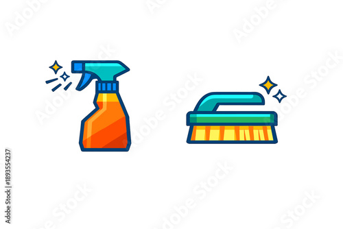 Cleaning supplies show spray bottle and scrub brush for household chores in a simple design on a white background for cleaning tasks