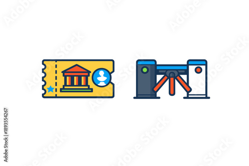 Ticket and entry gate symbols used for access control at events or public places in a simple and clear design