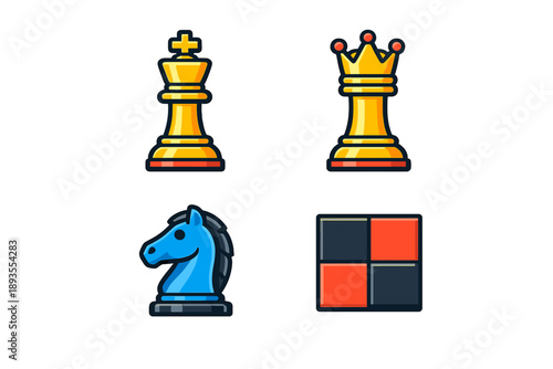 Chess pieces on a white background including a king, queen, knight, and a board tile design