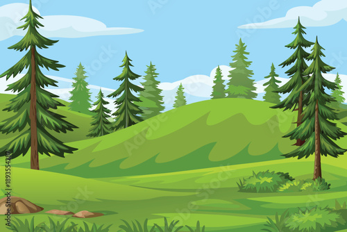 A vibrant landscape featuring rolling green hills and tall evergreen trees high quality professional