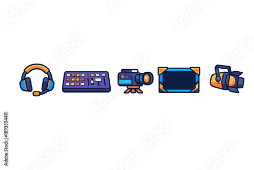 Collection of tools for streaming and content creation in a simple layout showing important equipment used by creators and gamers