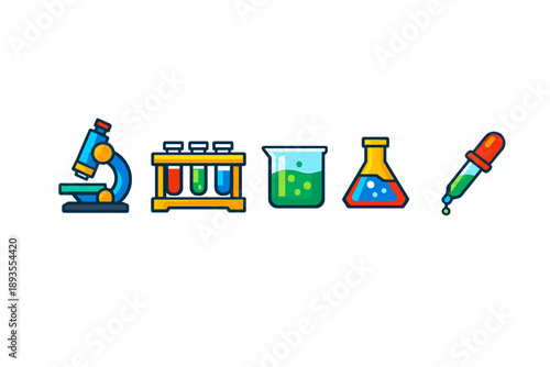 Colorful science lab tools show different experiments and activities with laboratory equipment used for research and learning in a classroom setting